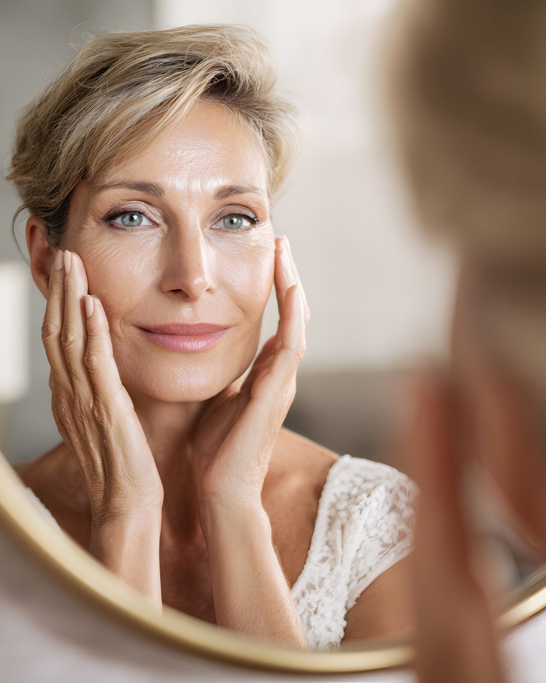 Woman applying cream to her face in front of a mirror